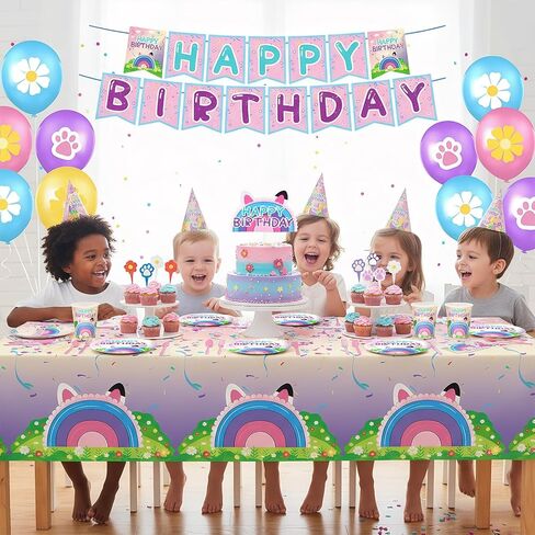 189pcs Cartoon Cat Theme Doll House Party Decorations Supplies - Include Tablecloth Balloons Banners Cake Topper Paper Plates Napkins Paper Cups for Birthday Baby Shower Serves 24 Guests in Saudi Arabia