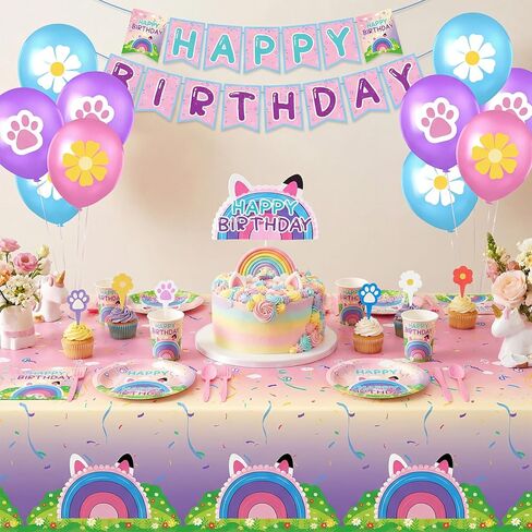 189pcs Cartoon Cat Theme Doll House Party Decorations Supplies - Include Tablecloth Balloons Banners Cake Topper Paper Plates Napkins Paper Cups for Birthday Baby Shower Serves 24 Guests in Saudi Arabia