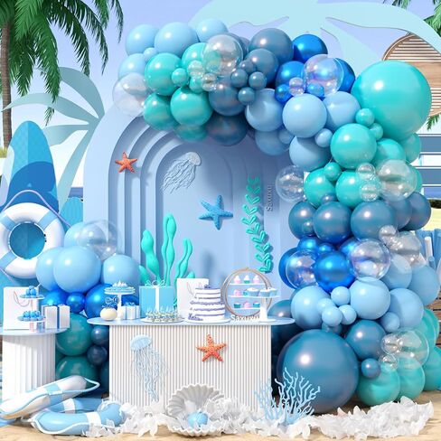 Ocean Themed Party Balloons Arch Kit, Turquoise Blue Teal Clear Metallic Balloons for Kids Ocean Sea Themed Pool Party Baby Shower Birthday Beach Party Decorations in Saudi Arabia