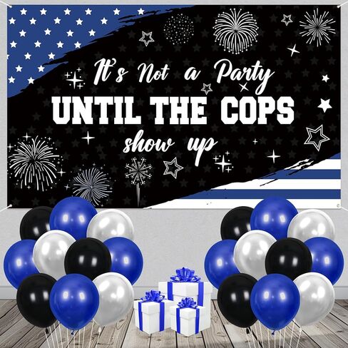 Police Party Decorations Congrats Officer Banner with 14Pcs Latex Balloons Black White and Blue American Flag Police Academy Graduation Party Decor for Law Enforcement Celebrations in Saudi Arabia