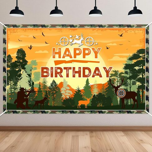 Avezano Hunting Birthday Banner Camo Themed Happy Birthday Party Decorations Deer Hunting Birthday Banner for Kids 70.8 x 43.3 Inch in Saudi Arabia