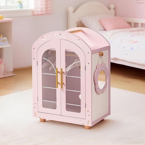 ROBOTIME 18 Inch Doll Closet, Wooden Doll Furniture Wardrobe with Mirror & Hangers, Pink Doll Clothes Storage Armoire, Doll Furniture for 18 Inch Dolls in Saudi Arabia