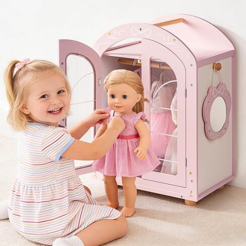 ROBOTIME 18 Inch Doll Closet, Wooden Doll Furniture Wardrobe with Mirror & Hangers, Pink Doll Clothes Storage Armoire, Doll Furniture for 18 Inch Dolls in Saudi Arabia