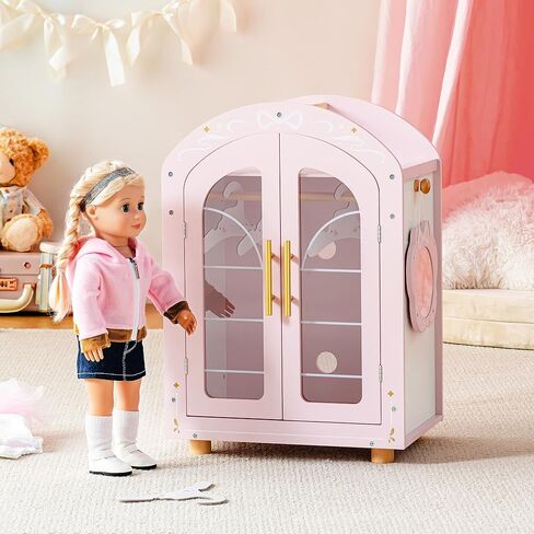 ROBOTIME 18 Inch Doll Closet, Wooden Doll Furniture Wardrobe with Mirror & Hangers, Pink Doll Clothes Storage Armoire, Doll Furniture for 18 Inch Dolls in Saudi Arabia