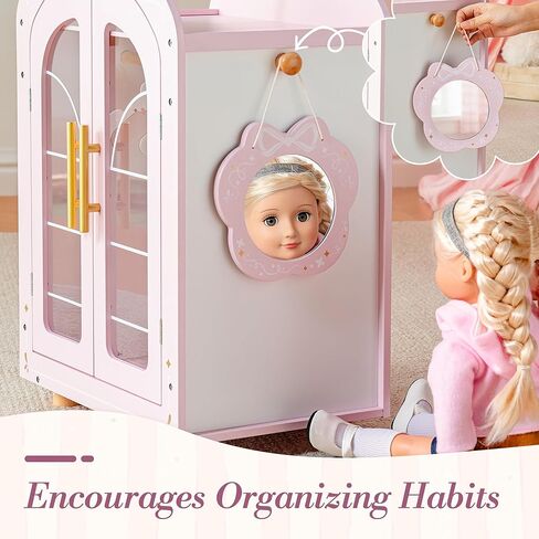 ROBOTIME 18 Inch Doll Closet, Wooden Doll Furniture Wardrobe with Mirror & Hangers, Pink Doll Clothes Storage Armoire, Doll Furniture for 18 Inch Dolls in Saudi Arabia