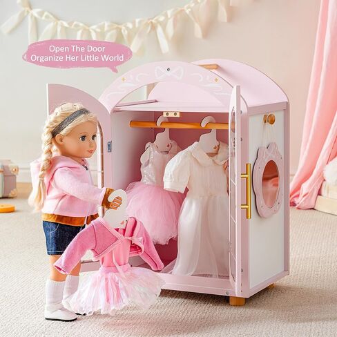 ROBOTIME 18 Inch Doll Closet, Wooden Doll Furniture Wardrobe with Mirror & Hangers, Pink Doll Clothes Storage Armoire, Doll Furniture for 18 Inch Dolls in Saudi Arabia