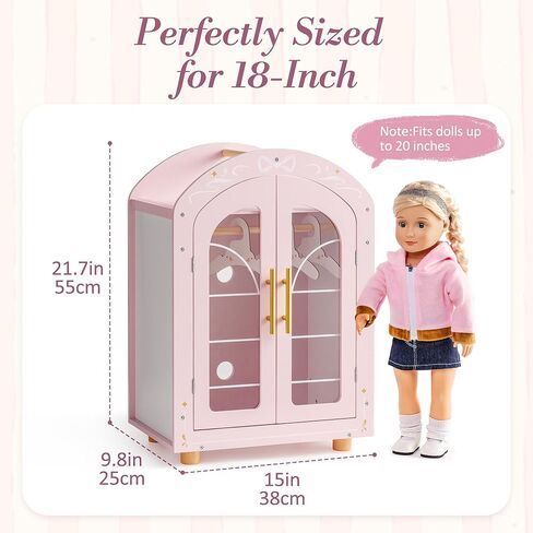 ROBOTIME 18 Inch Doll Closet, Wooden Doll Furniture Wardrobe with Mirror & Hangers, Pink Doll Clothes Storage Armoire, Doll Furniture for 18 Inch Dolls in Saudi Arabia