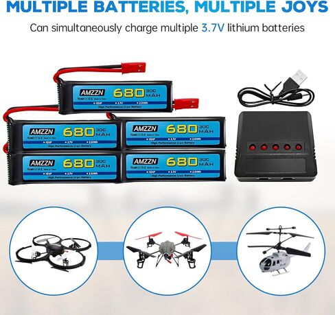 5PCS 3.7V 680mAh 1S Lipo Battery with JST Plug and 5-in-1 Charger for UDI U817 U818A V959 V222 V929 S032 RC Drone, Four Axis Aircraft Battery Accessories in Saudi Arabia