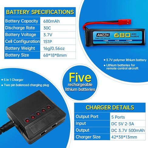5PCS 3.7V 680mAh 1S Lipo Battery with JST Plug and 5-in-1 Charger for UDI U817 U818A V959 V222 V929 S032 RC Drone, Four Axis Aircraft Battery Accessories in Saudi Arabia