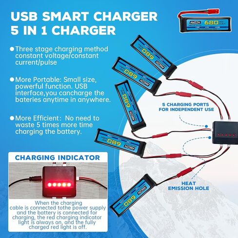 5PCS 3.7V 680mAh 1S Lipo Battery with JST Plug and 5-in-1 Charger for UDI U817 U818A V959 V222 V929 S032 RC Drone, Four Axis Aircraft Battery Accessories in Saudi Arabia