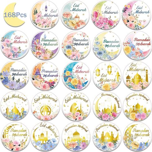 168 قطعة من ملصقات رمضان مبارك وملصقات عيد مبارك مستديرة ذهبية اللون ونمط زهرة القمر ذاتية اللصق لتزيين إسلامي إسلامي ملصقات هدايا رمضان لمستلزمات حفلات العيد in Saudi Arabia