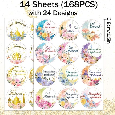168 قطعة من ملصقات رمضان مبارك وملصقات عيد مبارك مستديرة ذهبية اللون ونمط زهرة القمر ذاتية اللصق لتزيين إسلامي إسلامي ملصقات هدايا رمضان لمستلزمات حفلات العيد in Saudi Arabia