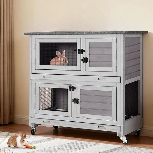 2-Story Rabbit Hutch Indoor Outdoor with Wheels, Bunny Cage with Slip-Proof Ramp, Guinea Pigs Cage with Waterproof Roof & Easy-Clean Tray, Multi-Access Doors, 36" in Saudi Arabia