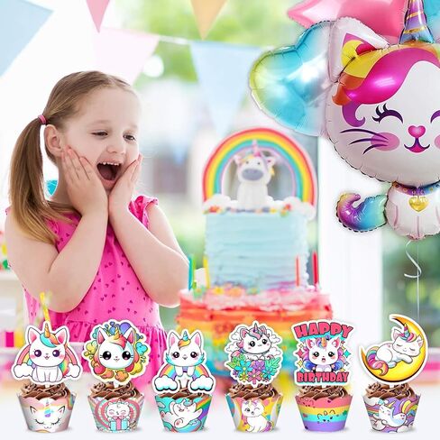 48 قطعة من ديكورات حفلات أعياد الميلاد بطابع كاتيكورن | 24 قطعة من أغطية الكب كيك و24 قطعة من أغلفة الكب كيك لوازم الحفلات المفضلة على شكل قطة وحيد القرن الملونة بألوان قوس قزح هدايا الطاولة للأولاد والبنات in Kuwait