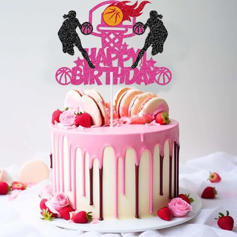Basketball Cake Decorations Basketball Theme Happy Birthday Cake Topper Pink and Black Glitter for Women Girls Female Sports Theme Birthday Party Decorations in Saudi Arabia