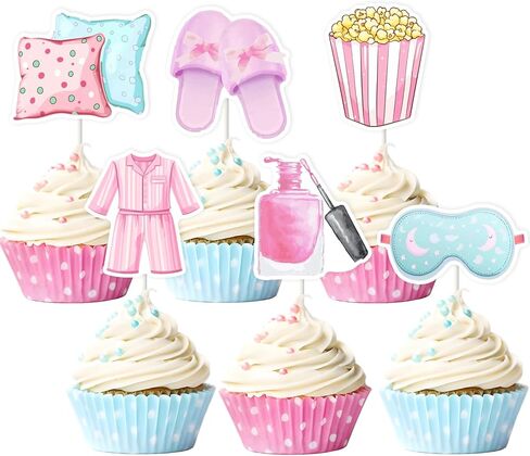 JOYMEMO 24Pcs Pastel Sleepover Cupcake Toppers, Pajamas Party Decorations, Slumber Theme Birthday Party Cake Decorations Supplies in Saudi Arabia