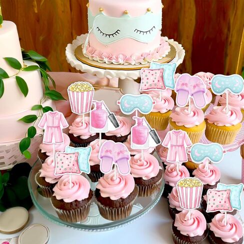 JOYMEMO 24Pcs Pastel Sleepover Cupcake Toppers, Pajamas Party Decorations, Slumber Theme Birthday Party Cake Decorations Supplies in Saudi Arabia