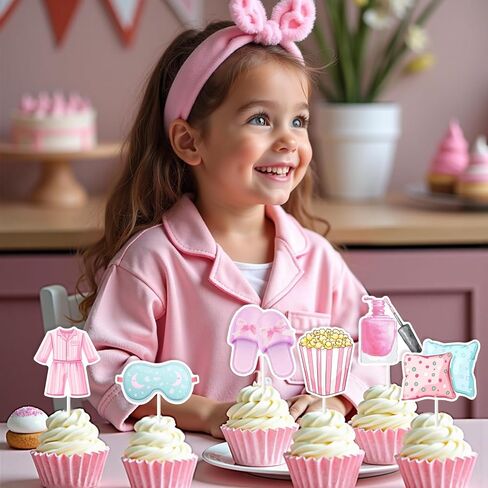 JOYMEMO 24Pcs Pastel Sleepover Cupcake Toppers, Pajamas Party Decorations, Slumber Theme Birthday Party Cake Decorations Supplies in Saudi Arabia