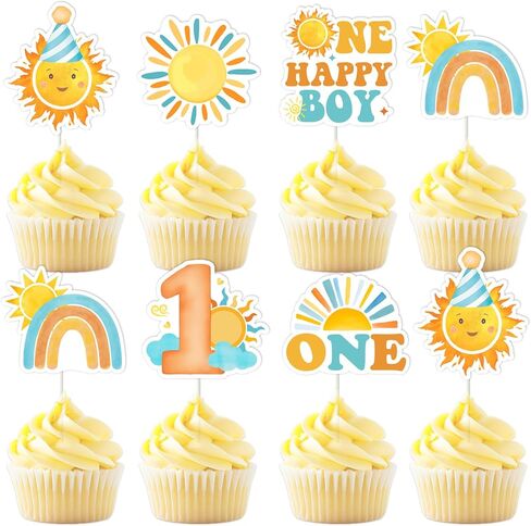 Cheereveal 36pcs Sun 1st Birthday Cupcake Toppers for Boy, One Happy Boy Sun Cake Decorations Picks, Rainbow Sunrise Themed Birthday Baby Shower Party Decoration Supplies in Saudi Arabia