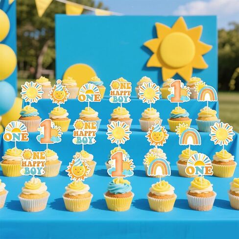 Cheereveal 36pcs Sun 1st Birthday Cupcake Toppers for Boy, One Happy Boy Sun Cake Decorations Picks, Rainbow Sunrise Themed Birthday Baby Shower Party Decoration Supplies in Saudi Arabia