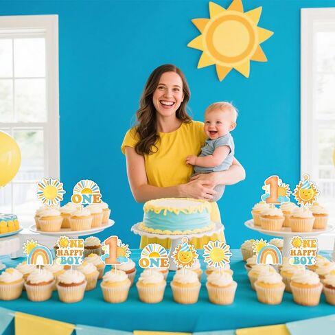 Cheereveal 36pcs Sun 1st Birthday Cupcake Toppers for Boy, One Happy Boy Sun Cake Decorations Picks, Rainbow Sunrise Themed Birthday Baby Shower Party Decoration Supplies in Saudi Arabia