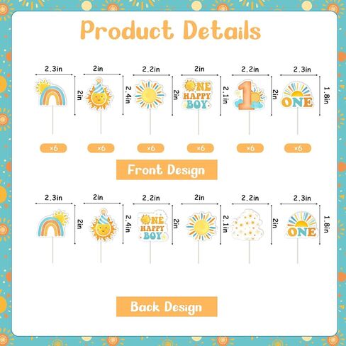 Cheereveal 36pcs Sun 1st Birthday Cupcake Toppers for Boy, One Happy Boy Sun Cake Decorations Picks, Rainbow Sunrise Themed Birthday Baby Shower Party Decoration Supplies in Saudi Arabia