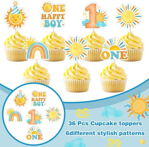 Cheereveal 36pcs Sun 1st Birthday Cupcake Toppers for Boy, One Happy Boy Sun Cake Decorations Picks, Rainbow Sunrise Themed Birthday Baby Shower Party Decoration Supplies in Saudi Arabia