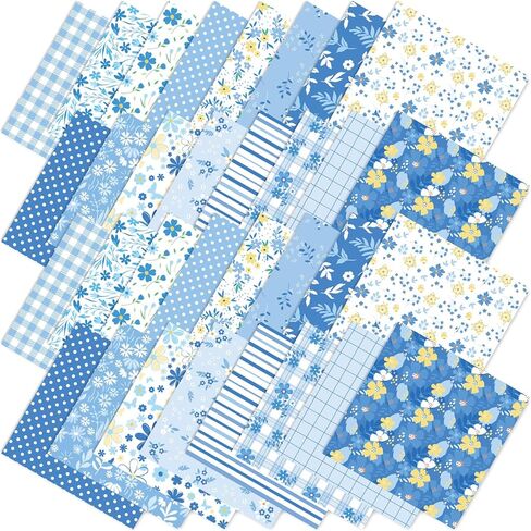 Whaline 32Pcs Blue Floral Cotton Fabric Bundles Dot Plaid Flower Quilting Patchwork Spring Summer Sewing Fabrics for DIY Craft Decor, 10 x 10 Inch in Saudi Arabia