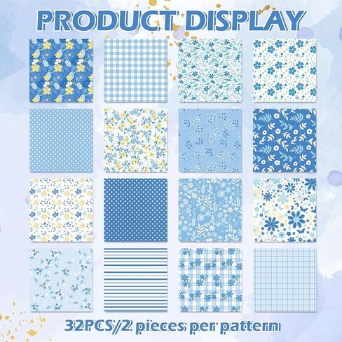 Whaline 32Pcs Blue Floral Cotton Fabric Bundles Dot Plaid Flower Quilting Patchwork Spring Summer Sewing Fabrics for DIY Craft Decor, 10 x 10 Inch in Saudi Arabia