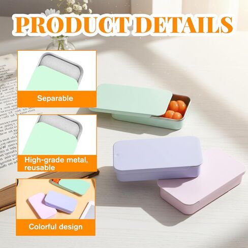 TIESOME 3 PCS Metal Tin Box Containers, 2.36 x1.33 x 0.4 Inch Small Metal Box Mini Rectangular Slide Top Containers Hinged Tin Boxes for Candies Jewelry Crafts Pills Survival Kit(Pink,Green,Purple) in Kuwait
