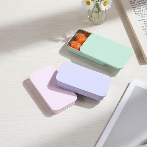 TIESOME 3 PCS Metal Tin Box Containers, 2.36 x1.33 x 0.4 Inch Small Metal Box Mini Rectangular Slide Top Containers Hinged Tin Boxes for Candies Jewelry Crafts Pills Survival Kit(Pink,Green,Purple) in Kuwait