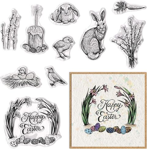 ABTOLS Easter Rabbit Clear Stamps for Card Making, Happy Easter Words Clear Rubber Stamps Bunny Eggs Flower Silicone Reusable Stamp for DIY Scrapbooking Paper Craft Album Decoration in Saudi Arabia