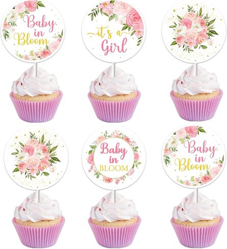 Baby In Bloom Cupcake Toppers Baby Shower for Girl, Pink Floral Baby Shower Cupcake Toppers, It's a Girl Gender Reveal Baby Birthday Decorations in Saudi Arabia