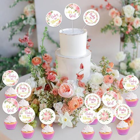 Baby In Bloom Cupcake Toppers Baby Shower for Girl, Pink Floral Baby Shower Cupcake Toppers, It's a Girl Gender Reveal Baby Birthday Decorations in Saudi Arabia
