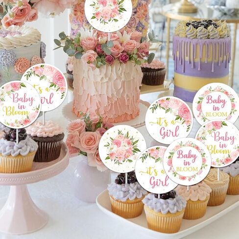 Baby In Bloom Cupcake Toppers Baby Shower for Girl, Pink Floral Baby Shower Cupcake Toppers, It's a Girl Gender Reveal Baby Birthday Decorations in Saudi Arabia