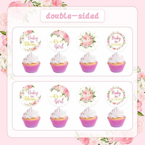 Baby In Bloom Cupcake Toppers Baby Shower for Girl, Pink Floral Baby Shower Cupcake Toppers, It's a Girl Gender Reveal Baby Birthday Decorations in Saudi Arabia