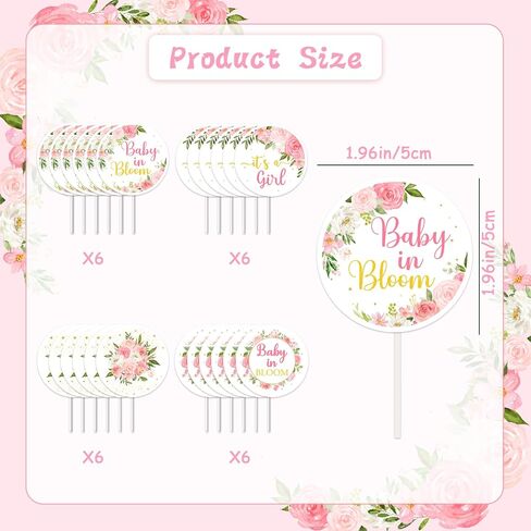Baby In Bloom Cupcake Toppers Baby Shower for Girl, Pink Floral Baby Shower Cupcake Toppers, It's a Girl Gender Reveal Baby Birthday Decorations in Saudi Arabia