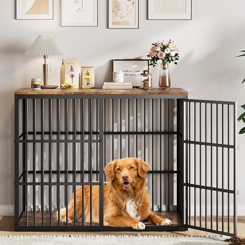 48'' Dog Crate Furniture with 3 Lockable Doors, 3-in-1 Dog Kennel with Heavy Duty Metal Frame & Wooden Panels, XXL Crate End Table for Medium to Large Breeds, Brown & Black in Saudi Arabia