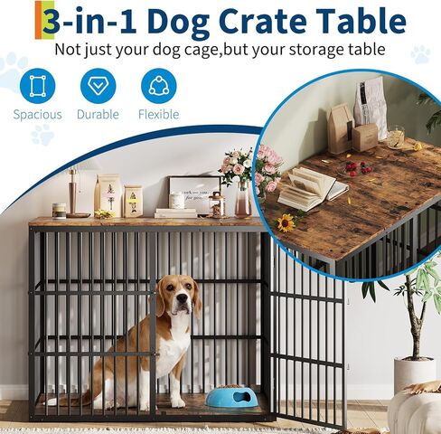48'' Dog Crate Furniture with 3 Lockable Doors, 3-in-1 Dog Kennel with Heavy Duty Metal Frame & Wooden Panels, XXL Crate End Table for Medium to Large Breeds, Brown & Black in Saudi Arabia