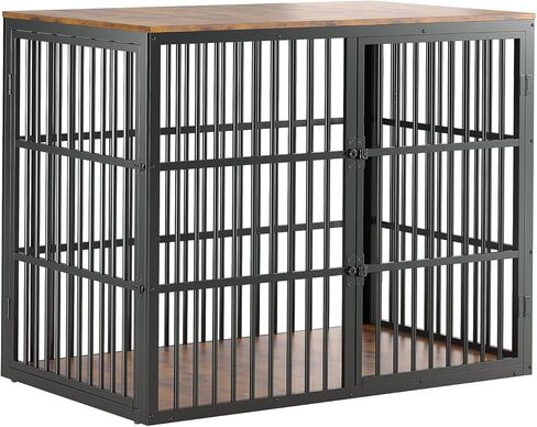 48'' Dog Crate Furniture with 3 Lockable Doors, 3-in-1 Dog Kennel with Heavy Duty Metal Frame & Wooden Panels, XXL Crate End Table for Medium to Large Breeds, Brown & Black in Saudi Arabia
