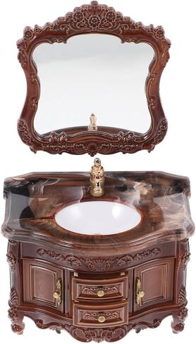 jojofuny 1 Set Antique Style Miniature Dollhouse Bathroom Sink Cabinet with Mirror Realistic Wash Basin Model for Creative Dollhouse Decor Retro Appeal Functional Design for Mini Scenes in Saudi Arabia