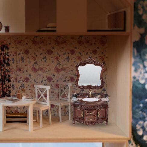 jojofuny 1 Set Antique Style Miniature Dollhouse Bathroom Sink Cabinet with Mirror Realistic Wash Basin Model for Creative Dollhouse Decor Retro Appeal Functional Design for Mini Scenes in Saudi Arabia