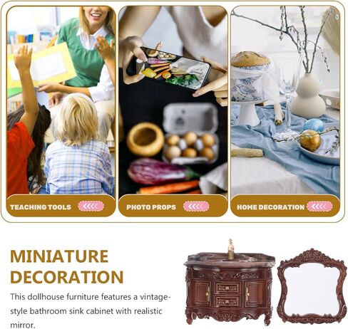 jojofuny 1 Set Antique Style Miniature Dollhouse Bathroom Sink Cabinet with Mirror Realistic Wash Basin Model for Creative Dollhouse Decor Retro Appeal Functional Design for Mini Scenes in Saudi Arabia