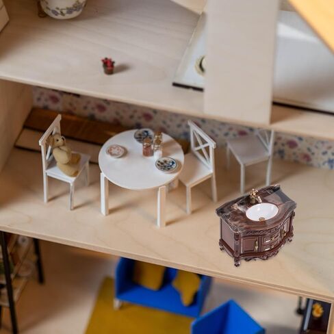 jojofuny 1 Set Antique Style Miniature Dollhouse Bathroom Sink Cabinet with Mirror Realistic Wash Basin Model for Creative Dollhouse Decor Retro Appeal Functional Design for Mini Scenes in Saudi Arabia
