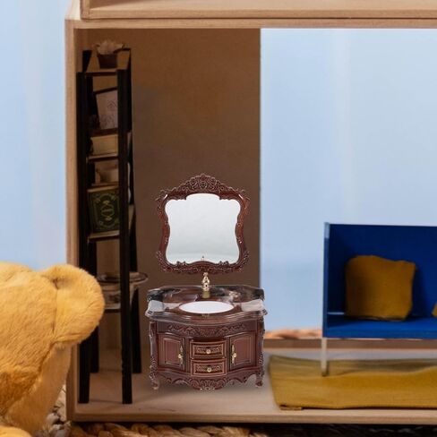 jojofuny 1 Set Antique Style Miniature Dollhouse Bathroom Sink Cabinet with Mirror Realistic Wash Basin Model for Creative Dollhouse Decor Retro Appeal Functional Design for Mini Scenes in Saudi Arabia