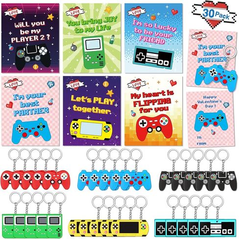 Letapapa 30 Pack Valentines Day Cards for Kids with Video Game Keychains, Valentines Day Gifts for Kids Classroom, Valentines Exchange Cards for Kid, Valentines Party Favors, School Classroom Prize in Saudi Arabia