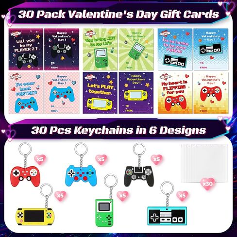 Letapapa 30 Pack Valentines Day Cards for Kids with Video Game Keychains, Valentines Day Gifts for Kids Classroom, Valentines Exchange Cards for Kid, Valentines Party Favors, School Classroom Prize in Saudi Arabia