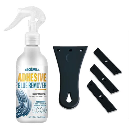 مجموعة بخاخ مزيل اللاصق والملصقات والغراء مع مكشطة بلاستيكية، تزيل الملصقات والملصقات والغراء والشحوم لخشب النوافذ وأكثر من ذلك بسرعة - 3.3 أونصة سائلة in Kuwait