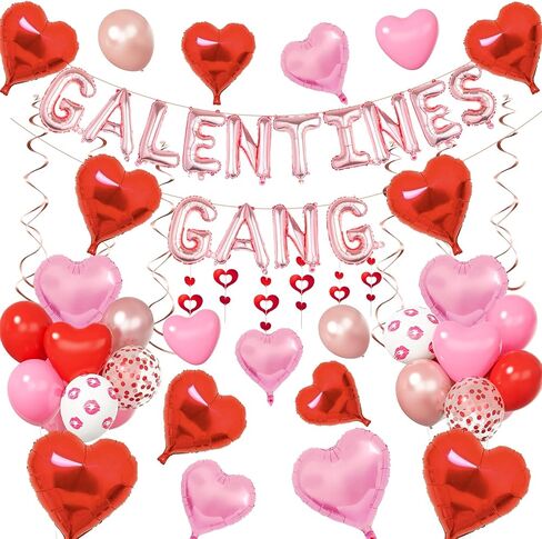 Galentines Day Decorations Galentines Gang Balloon Banner Red Pink Rose Gold Heart Shaped Foil Confetti Printed Balloons Double Hanging Swirl for Girls Ladies Bachelorette Valentine Day Party Supplies in Saudi Arabia