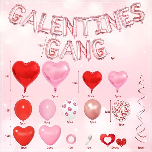 Galentines Day Decorations Galentines Gang Balloon Banner Red Pink Rose Gold Heart Shaped Foil Confetti Printed Balloons Double Hanging Swirl for Girls Ladies Bachelorette Valentine Day Party Supplies in Saudi Arabia